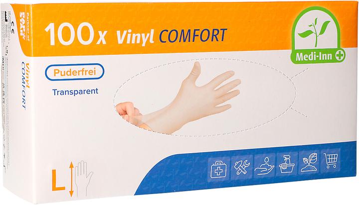 Productafbeelding Papstar Wegwerphandschoenen Medi-Inn Comfort, vinyl, poedervrij, latexvrij, transparant, 100 stuks (L)