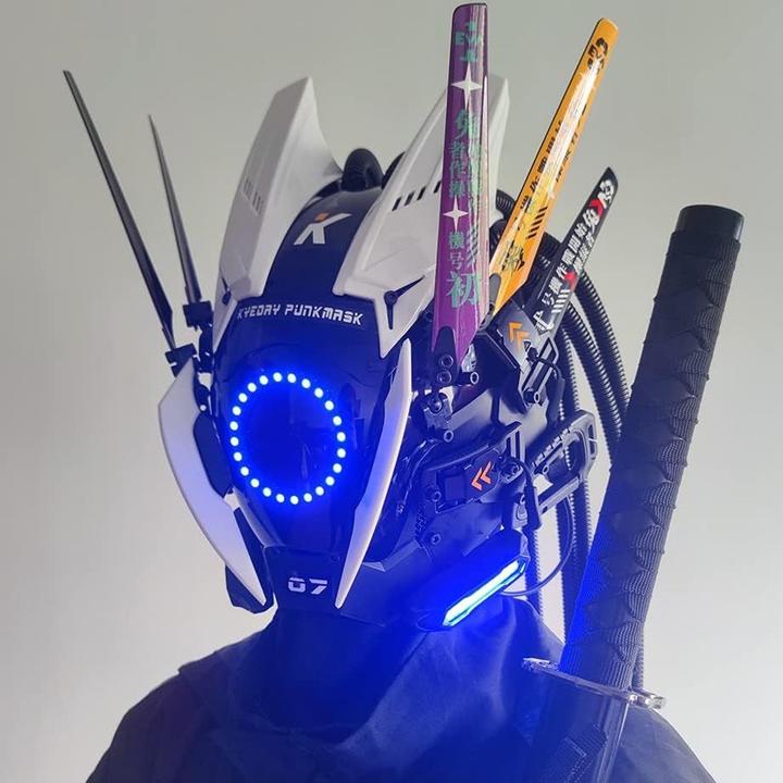 Actual product image Out of the blue Science-Fiction Maske, Samurai-Maske, Punk Maske mit Multicolor LED Lichter und Zubehör
