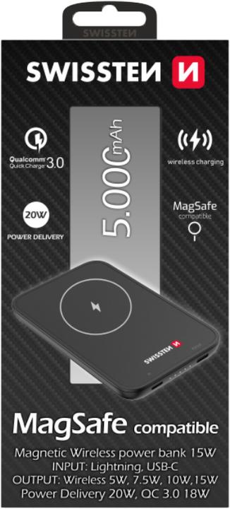 Actual product image Swissten Magnetic Wireless Power Bank (5000 mAh, 20 W, 18.50 Wh)