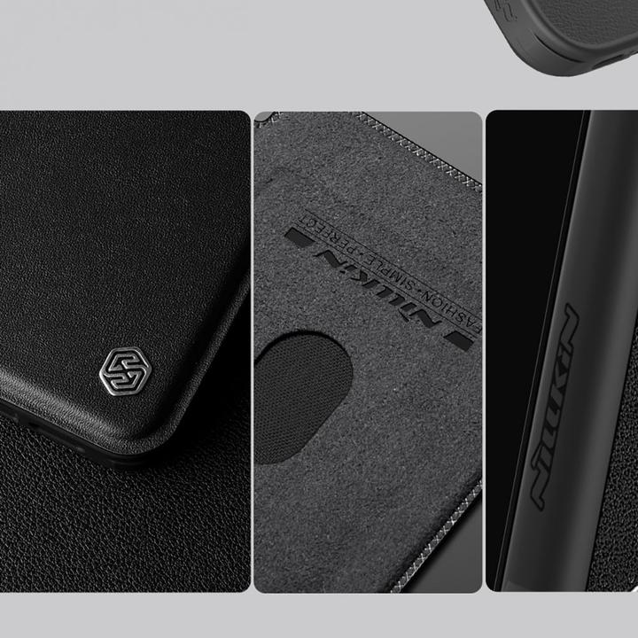 Produktbild Nillkin Qin Prop Leather Case with Camera Cover and Stand for iPhone 16 - Black (Apple iPhone 16)
