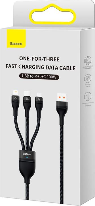 Actual product image Baseus 3in1 USB cable Flash Series, USB-C + micro USB + Lightning, 100W, 1.2m (black) (1.20 m, USB 3.2 Gen 1, 100 W)