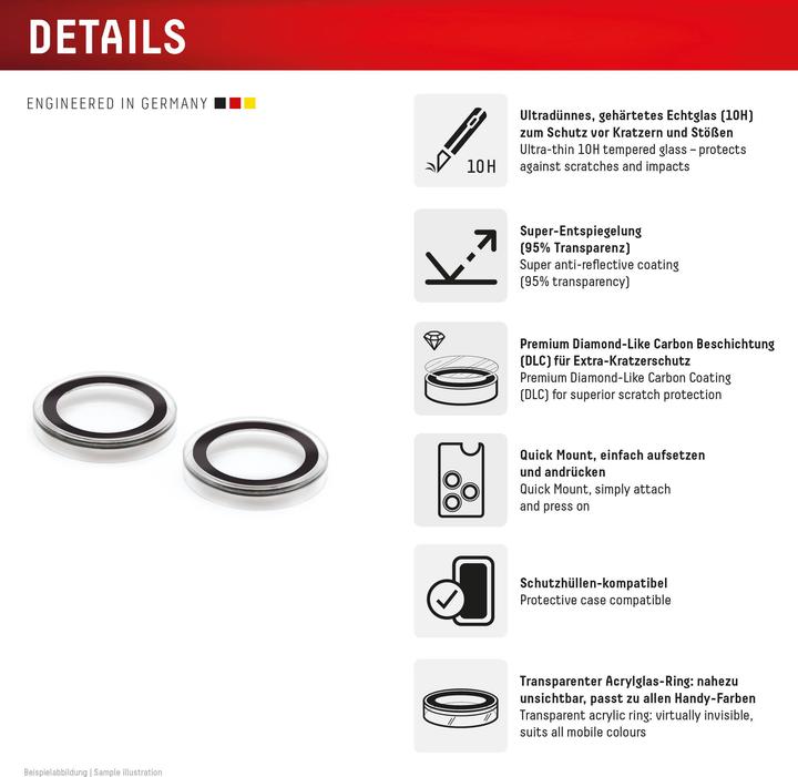 Produktbild Displex Premium Camera Lens Glass, Kamera Schutzglas, Einzelringe (1 Stück, Apple iPhone 16 Plus, Apple iPhone 16)