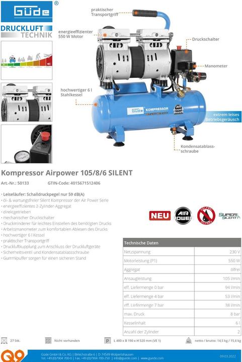 Actual product image Güde Airpower 105/8/6 Silent (8 bar, 6 l)