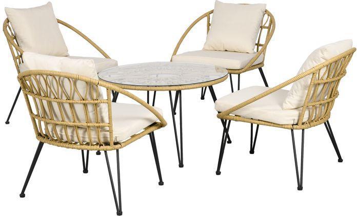 Swisshandel24 5 tlg. Rattan Gartenmöbel-Set, Sitzgarnitur inkl. 1 Esstisch, 4 Stühlen, Sitzgarnitur, Polyester, Be (82 cm)