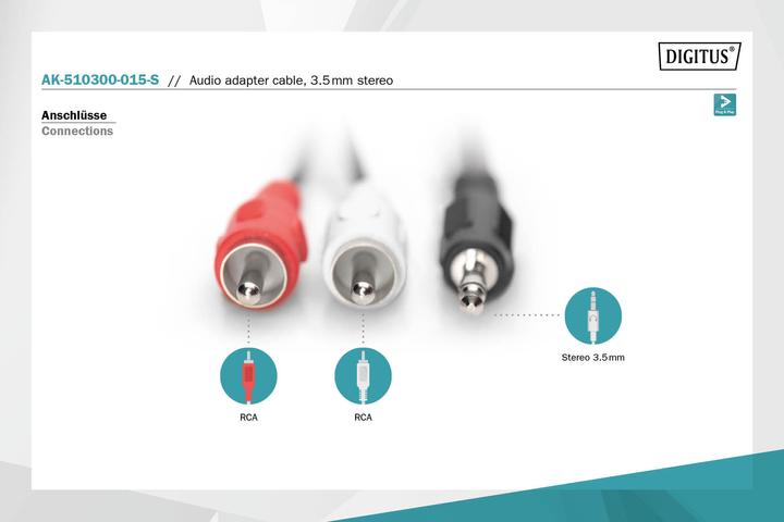 Image du produit Digitus ASSMANN Câble adaptateur audio stéréo 3,5mm - 2x RCA 1,50m CCS 2x0.10/10 blindé M/M noir (1.50 m, RCA, Jack 3,5 mm (AUX))