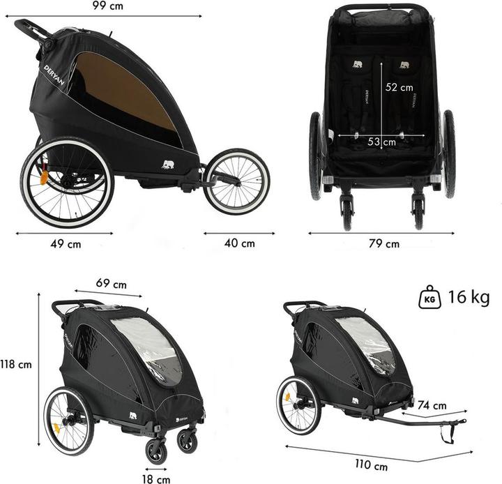 Actual product image Deryan 3in1 Fahrradanhänger für 2 Kinder