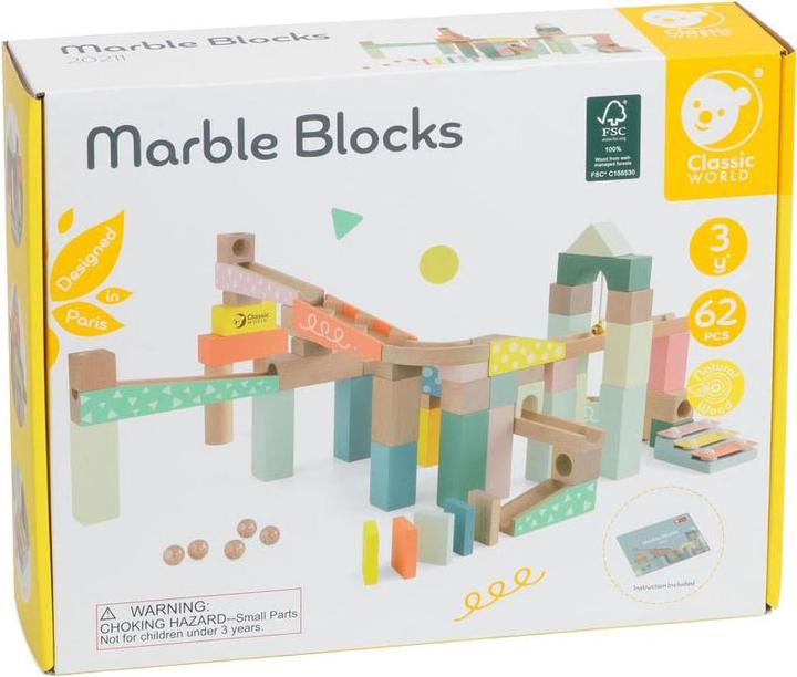 Actual product image Classic World Wooden marble run building set, 62 pieces.