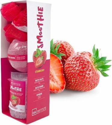 IDC Institute Mother's Day Gift Set Strawberry Smoothie Bath Salts Bath Bomb and Sponge