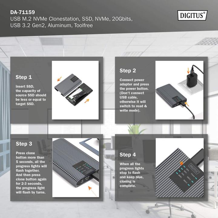 Produktbild Digitus USB M.2 NVMe Clonestation, SSD, NVMe, 20Gbits, USB 3.2 Gen2, Aluminium, toolfree (M.2 2280, M.2 2260, M.2 2242, M.2 2230)