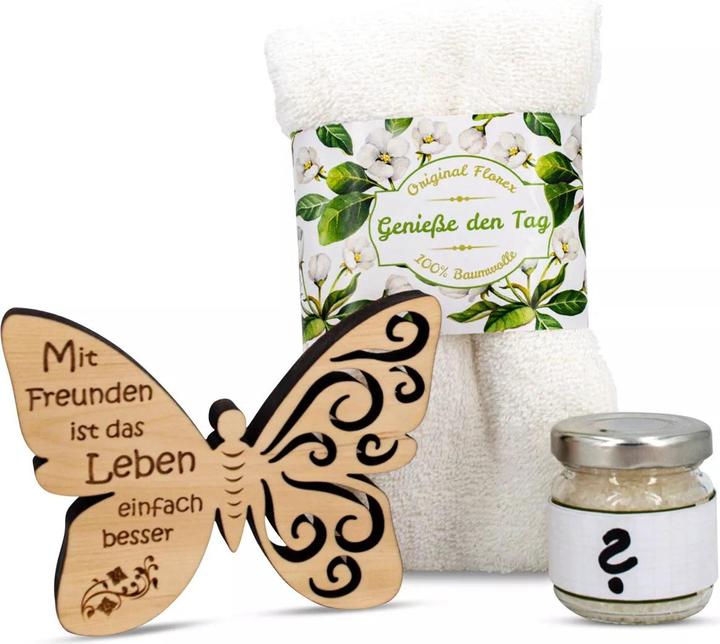 Produktbild ZNatur Geschenkset Zirben Holz Schmetterling mit Gravur Mit Freunde Badesalz & Tuch No.38 (Körperpflegeset)