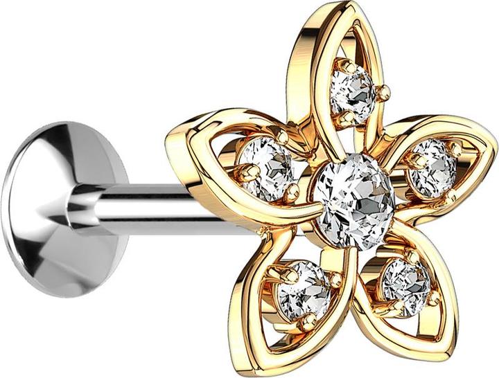 Star Piercing Micro UFO Labret Innengewinde vergoldet mit Blume und Kristall silber (Chirurgenstahl 316L, Messing)