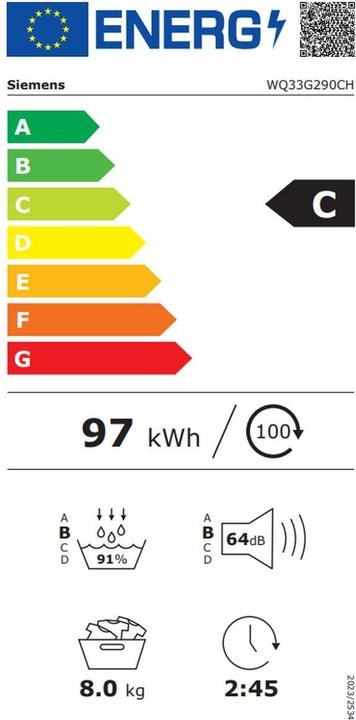 Label énergétique Siemens WQ33G290CH (8 kg, Droite, Fiche CH)