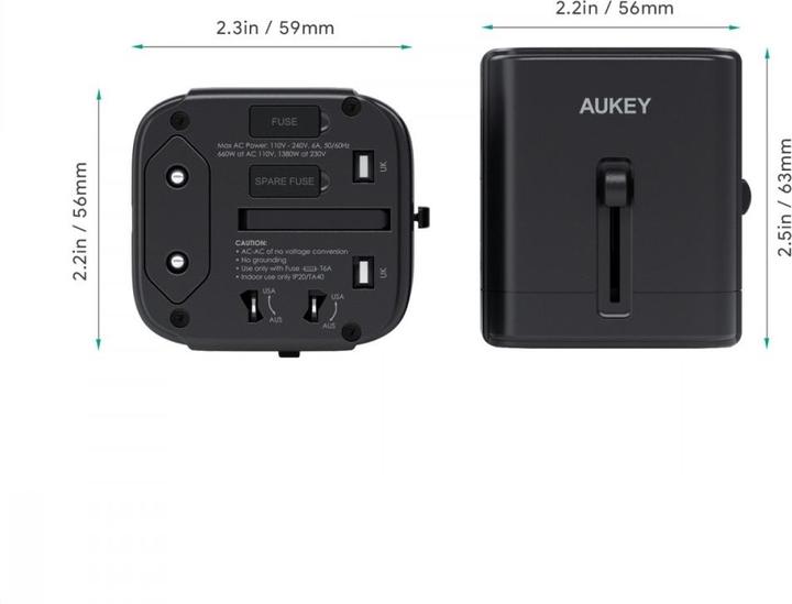 Produktbild Aukey PA-TA01 White Universal Travel Adapter with 1xUSB-C and 2x