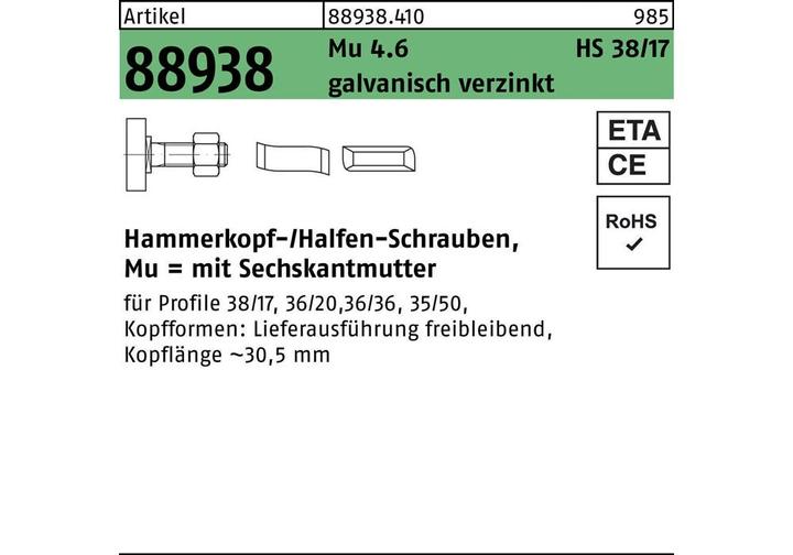 Actual product image Halfen Hammer-head bolt R 88938 type 38/17 hexagon nut M 10 x 100 Mu 4.6 electrogalvanised (50 Screws per piece)