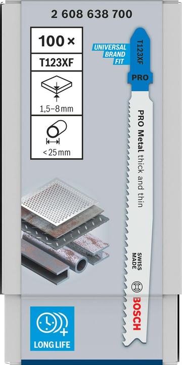 Image du produit Bosch Professional Zubehör Lame de scie sauteuse PRO Metal thick and thin T123XF, 100 mm, 100 pcs.