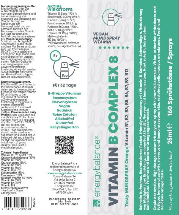 Nährwerte und Zutaten Energybalance Vitamin B Complex 8 (1 Stück, Spray)