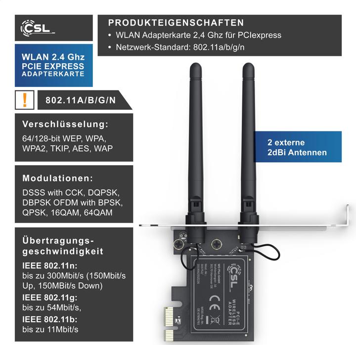 Produktbild CSL WLAN Netzwerkkarte 2,4 Ghz PCIe, 300 Mbit/s WiFi Adapter Karte mit 2x Externen Antennen (Mini PCI Express)