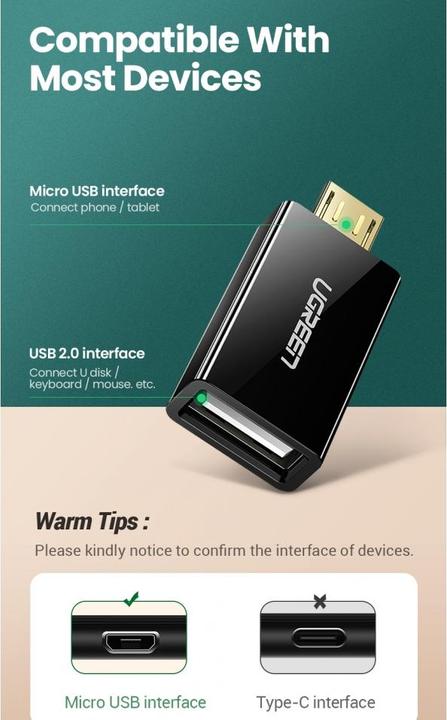 Actual product image Ugreen MicroUSB to USB Adapter OTG On-The-Go (Micro USB, USB)