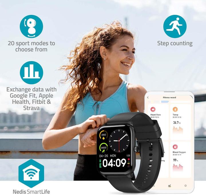 Actual product image Nedis SmartLife watch | LCD | IP68 | Maximum operating time: 14400 min | Android™ / IOS | Black