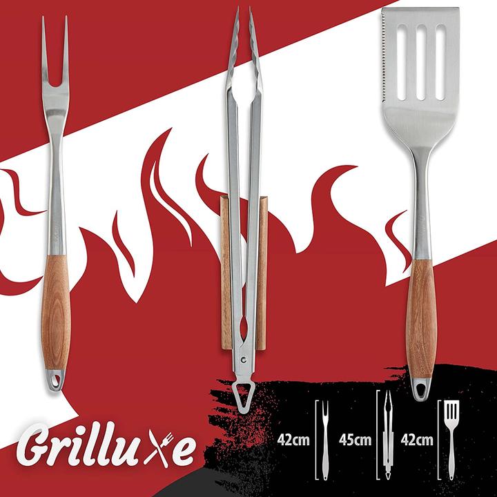 Produktbild Grilluxe Grillbesteck Set, 3-teilig, Akazienholz, Edelstahl