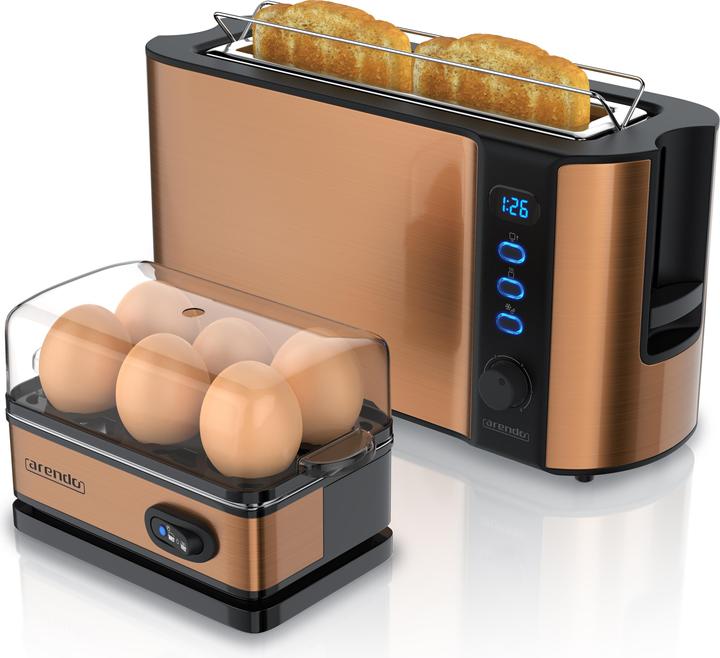 Actual product image Arendo Breakfast set, 2-slice long slot toaster with bun rack & egg cooker for 6 eggs, copper