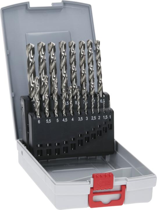 Bosch Professional Zubehör PRO Metal HSS-G Spiralbohrer-Set, 19-tlg. (1 mm, 1.5 mm, 2 mm, 2.5 mm, 3 mm, 3.5 mm, 4 mm, 5 mm, 5.5 mm, 6 mm, 6.5 mm, 7 mm, 10 mm, 8 mm, 8.5 mm, 9 mm, 9.5 mm, 4.5 mm, 7.5 mm)