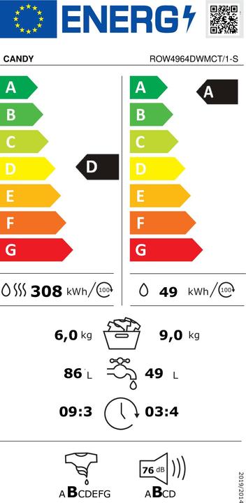 Energy Label Candy RapidO' ROW4964DWMCT/1-S Washer-dryer Free Installation Loading (EU plug)