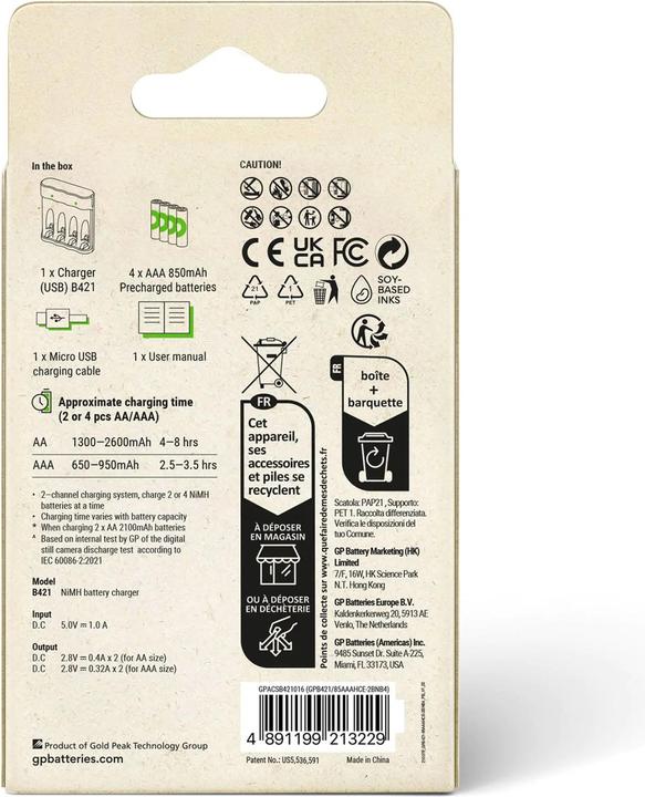 Immagine prodotto GP Batteries Ricaricatore di batterie (1 pz., AAA, AA, 850 mAh, Batteria + Caricabatterie)