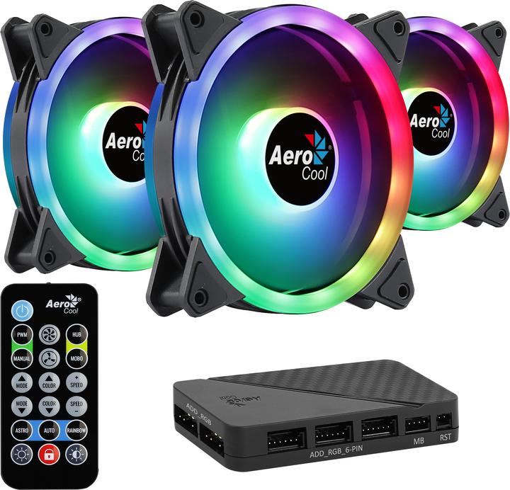 Produktbild AeroCool DUO12PRO Kit 3xLüfter 12cm ARGB LED Dual Ring Antivibration 6 Pins Schwarz (120 mm, 3 x)