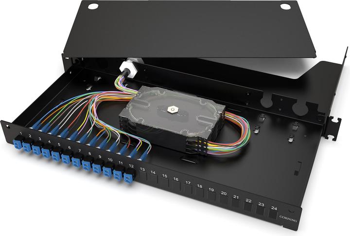 Actual product image Corning LAN1-24AE-PGTL-B Fiber Optic Distribution Panel Enclosure 24Fiber DPX OS2 LC (S/UTP, CAT6a, 0.23 m)