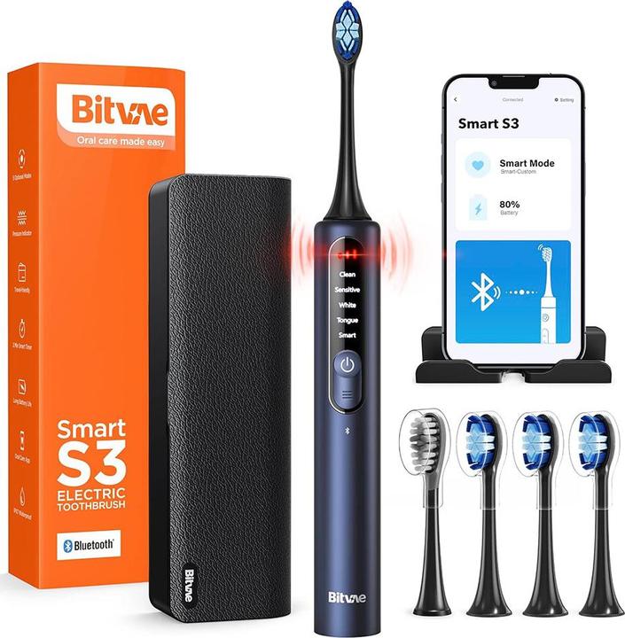 Bitvae Sonic toothbrush with app, tips set, travel case and toothbrush holder S3 (black) (Sonic toothbrush)