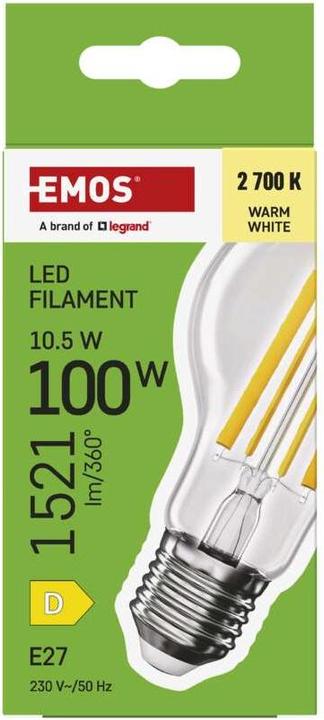 Immagine prodotto Emos Lampada LED filamento A60 / E27 / 10,5 W (100 W) / 1521 lm / Bianco caldo (E27, 10.50 W, 1521 lm, 1 x, D)
