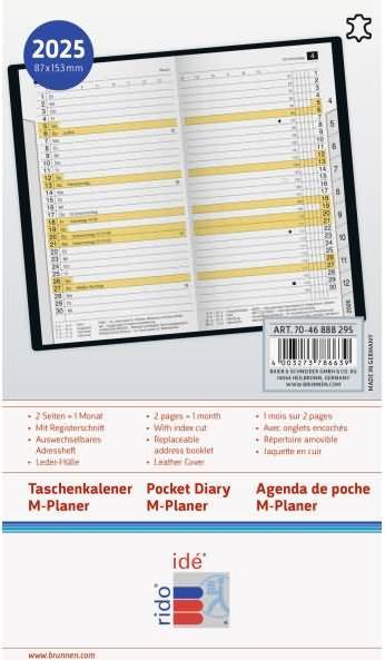 Actual product image Rido Pocket calendar M-planer 8,7x15,3 1 month/2 pages leather wine red 2025 (German)