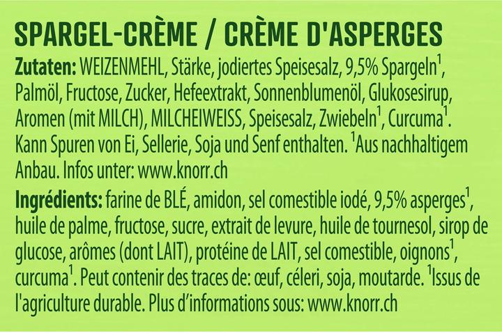 Nutritional values and ingredients Knorr Asparagus cream soup bag, asparagus soup with asparagus pieces from white & green asparagus