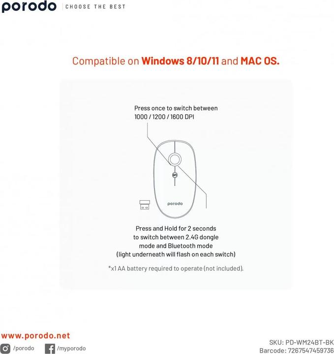 Produktbild Porodo 2 in 1 Wireless Bluetooth Mouse 2.4GHz V5.0 - Black (Kabellos)