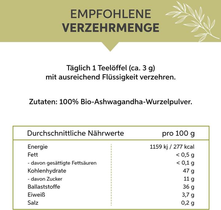Nährwerte und Zutaten Eltabia Bio Ashwagandha Pulver | Indischer Ginseng in Rohkost-Qualität und Vegan (Kapseln, 200 g)