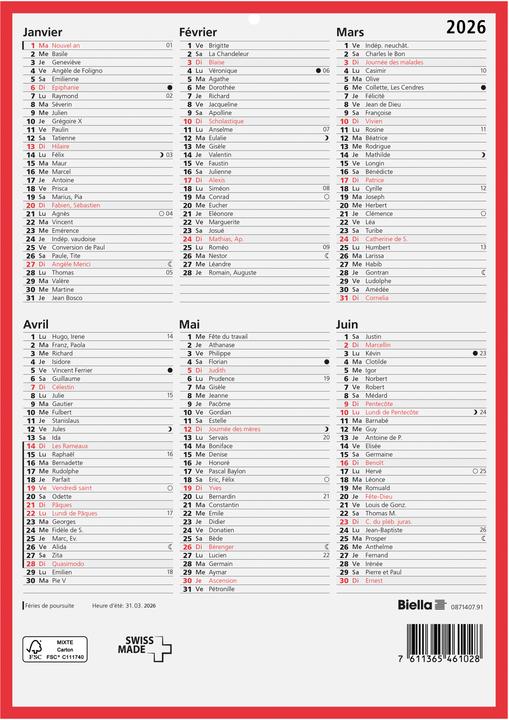 Valeurs nutritives et ingrédients Biella Calendrier tableau (21 x 29,7 cm, Non contraignant, Français)