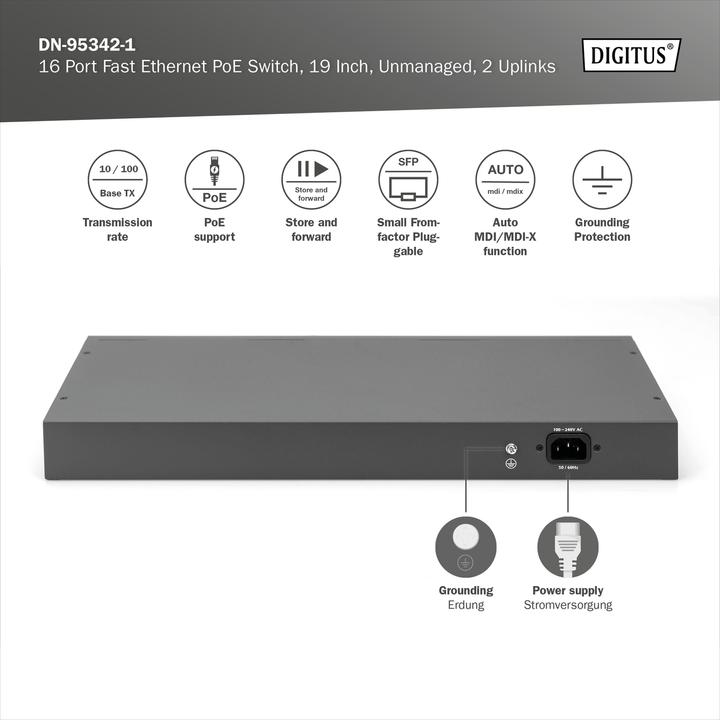 Produktbild Digitus 16-Port Fast Ethernet PoE Switch, 19 Zoll, Unmanaged, 2 Uplinks (16 Ports)