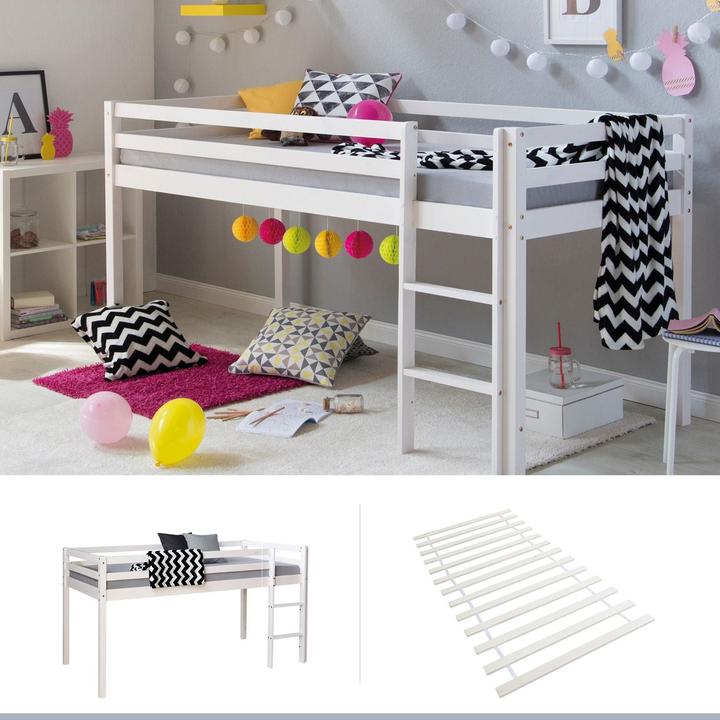 Actual product image Floki24 Loft bed play bed children's bed with slatted frame ladder solid wood, white - 90x200 cm (90 x 200 cm)