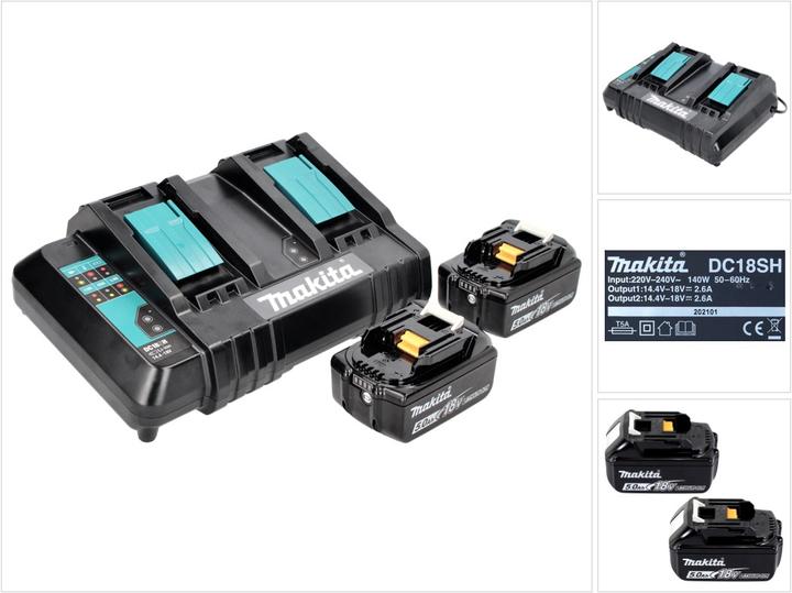 1x Makita DC 18 SH double charger, 2x Makita BL 1850 B Li-Ion battery 18V 5.0 Ah