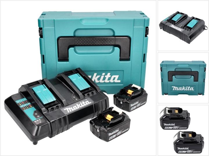 1x Makita DC 18 SH double charger, 2x Makita BL 1860 B 18 V - 6.0 Ah Li-Ion battery, 1x Makpac, 1x universal insert
