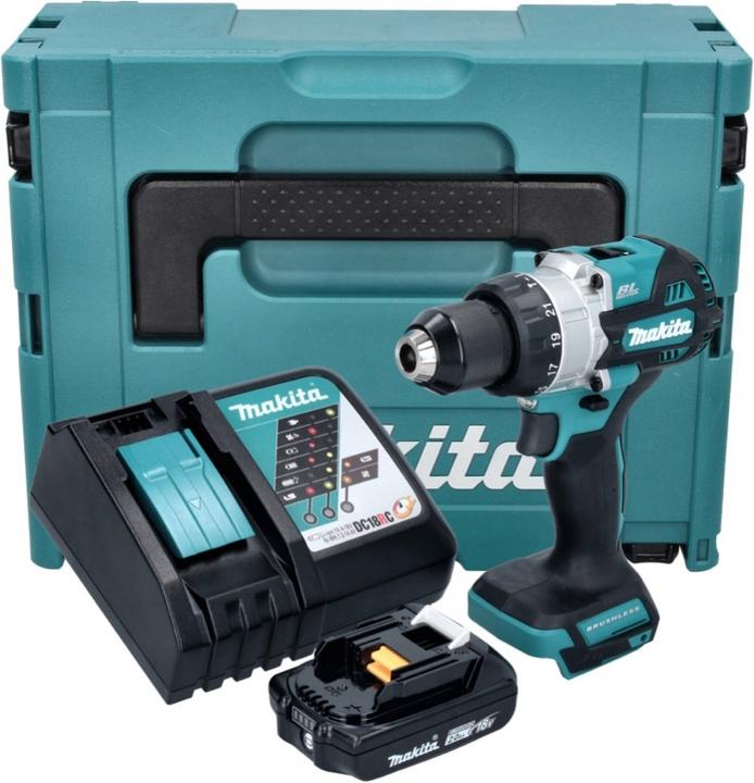 Actual product image Makita DHP 486 RA1J Battery Impact Drill 18 V 130 Nm Brushless + 1x Battery 2.0 Ah + Charger + Ma (Rechargeable battery operated)