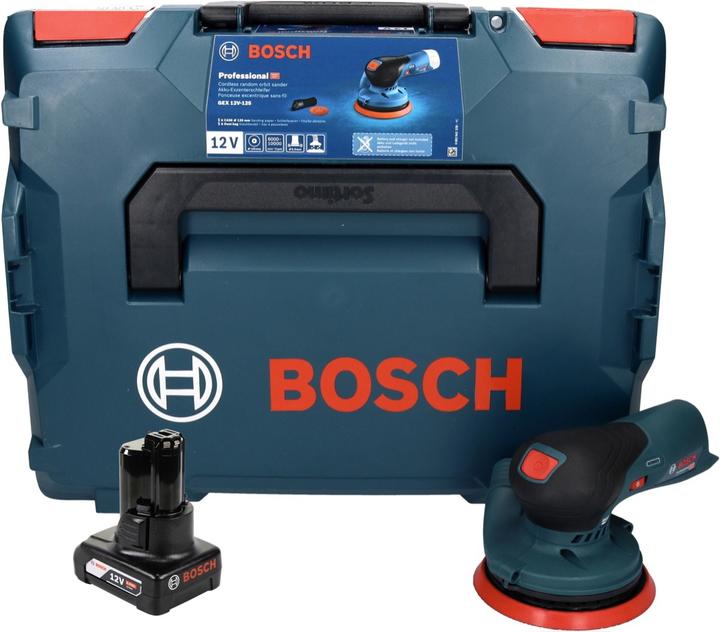 Produktbild Bosch Professional Bosch GEX 12V-125 Professional Akku Exzenterschleifer 12 V 125 mm Brushless + 1x Akku 6,0 Ah + L-Box (Exzenterschleifer)