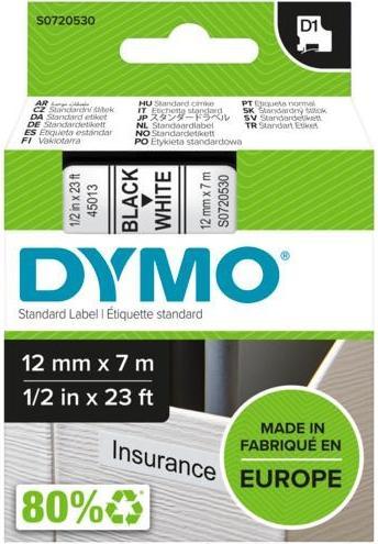 Produktbild Dymo D1 - Standardetiketten - Schwarz auf Weiss - 12mm x 7m (1.20 cm, Weiss)
