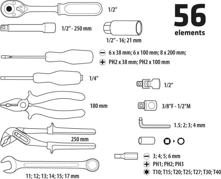 Image du produit Topex Jeu d'outils 56 pcs. (38D224) (56 pièces)