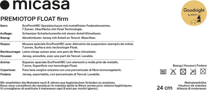 Nährwerte und Zutaten bico Premiotop Float (90 x 200 cm, Federkern)