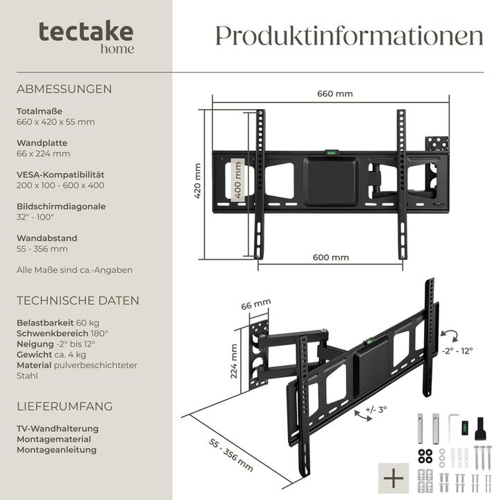 Produktbild tectake TV Wandhalterung (Wand, 60", 60 kg)