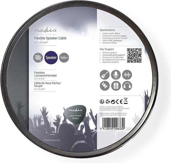 Immagine prodotto Nedis Cavo per altoparlanti | 2x 1,50 mm² | rame | 100,0 m | rotondo | PVC | grigio scuro | rotolo (100 m, 1.50 mm².)