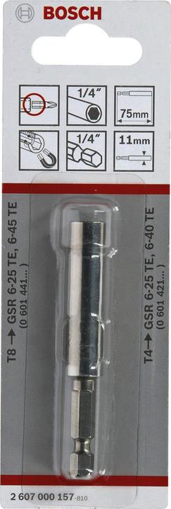 Immagine prodotto Bosch Professional Zubehör Supporto universale, 1/4 di pollice, 75mm, 11mm, (in combinazione con l'arresto di profondità T8/T4) (11mm)
