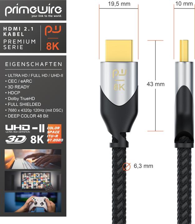 Actual product image Primewire HDMI Cable 2.1, Type A, UHD, Ethernet, 8K 7680 x 4320 @ 120 Hz, 4k @ 240 Hz, 3D TV, eARC, HDR10+ (1.50 m, HDMI)